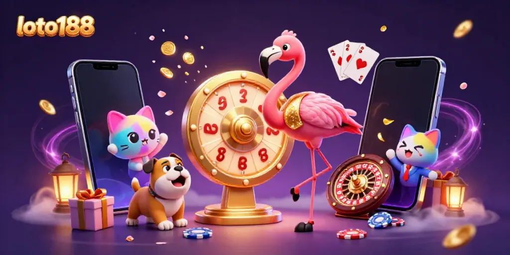 Experience winning adventures at loto188 with a vibrant casino-themed illustration featuring exciting characters and game elements.