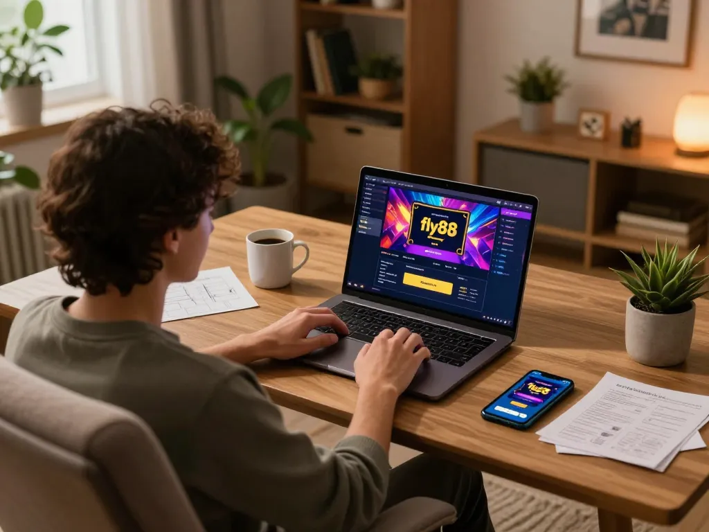 Experience immersive online gaming at home with fly88, a vibrant setup showing laptop gameplay and mobile app engagement.