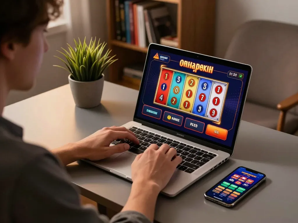 Playing the best online pokies on a laptop with colorful reels in a cozy setup.