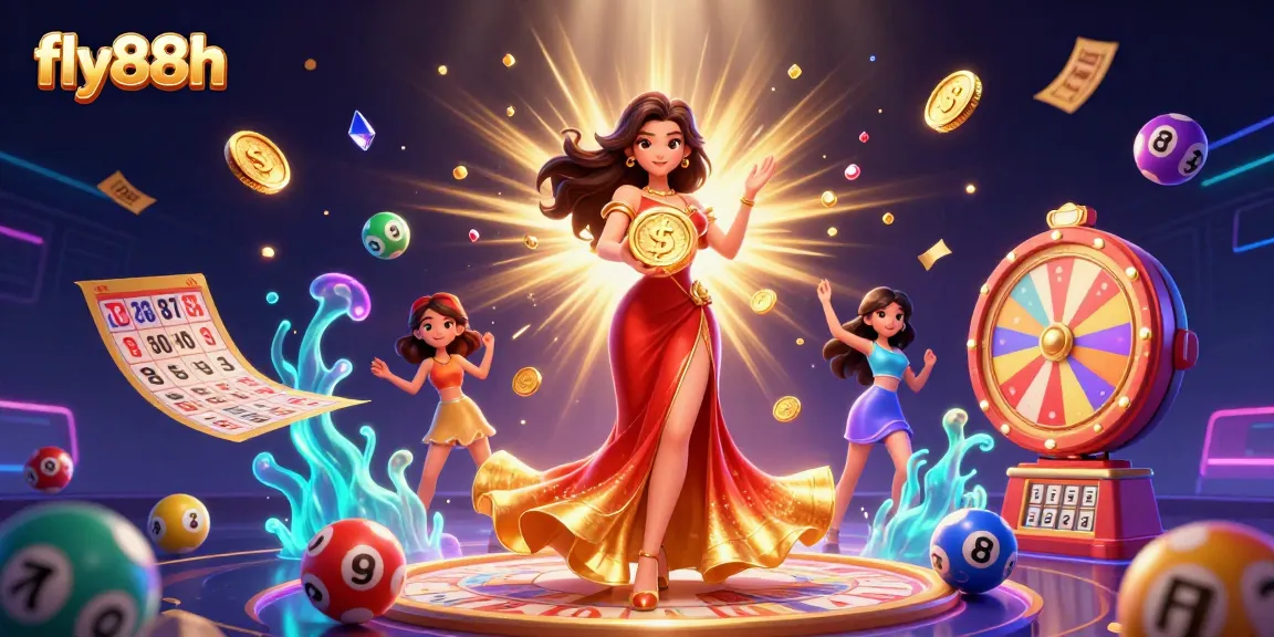 Play exciting games with fly88h, featuring a triumphant Asian woman and colorful casino elements.