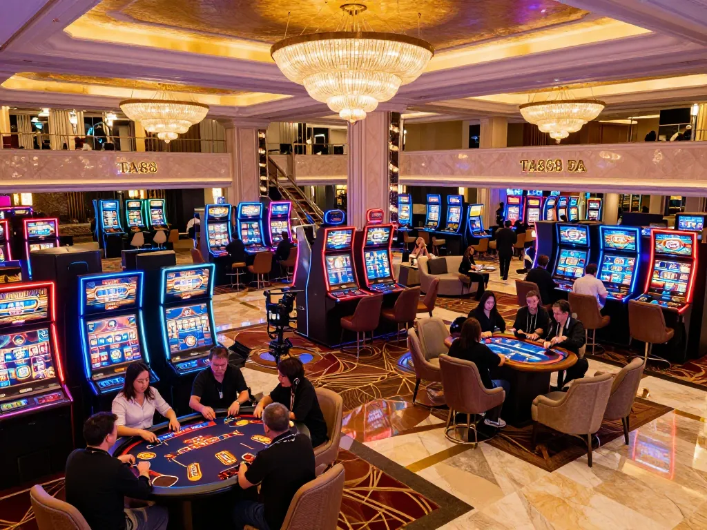 Experiencing the thrill of nightlife at TA88 casino with players enjoying card games and vibrant slot machines.