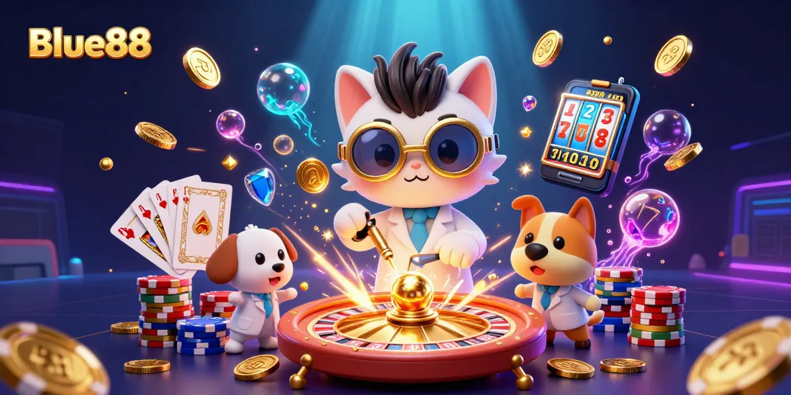 Experience the thrill of Blue88 casino gaming with dynamic 3D visual elements and playful characters.