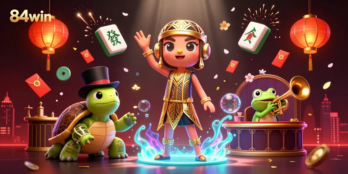 Immerse yourself in the vibrant world of 84win with dynamic casino elements and colorful characters.