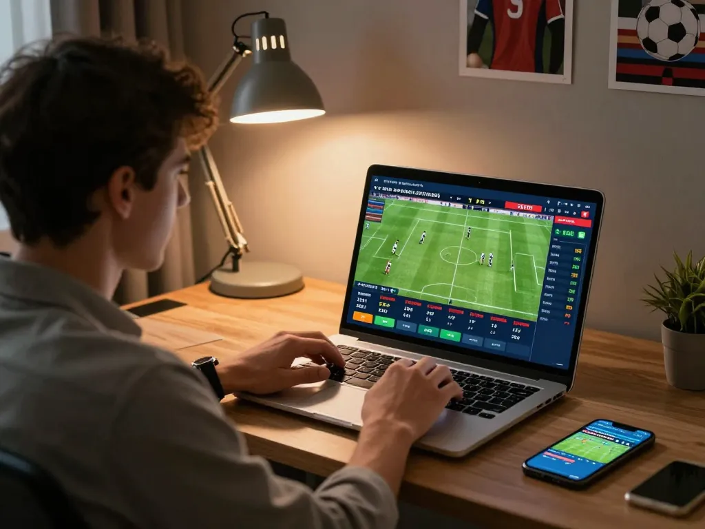 Tic88 sports betting enthusiast actively placing live bets on a laptop during a football game.