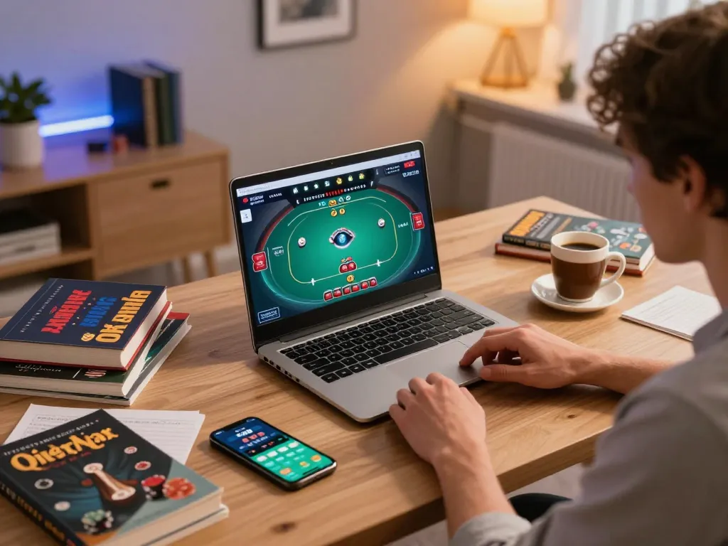 G28 player enjoying strategic poker gameplay at home with notes and betting apps