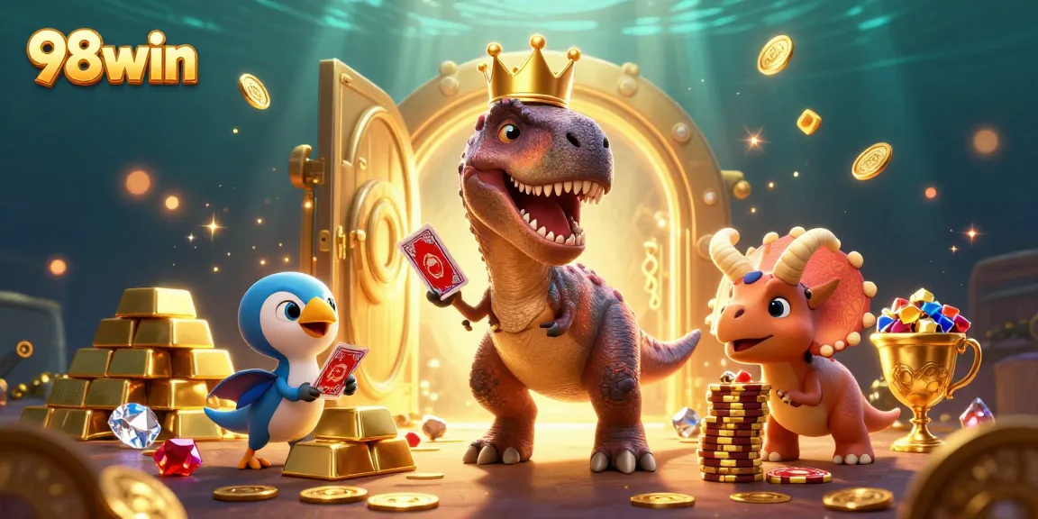 Engage in winning strategies with 98win's vibrant casino-themed 3D illustration.