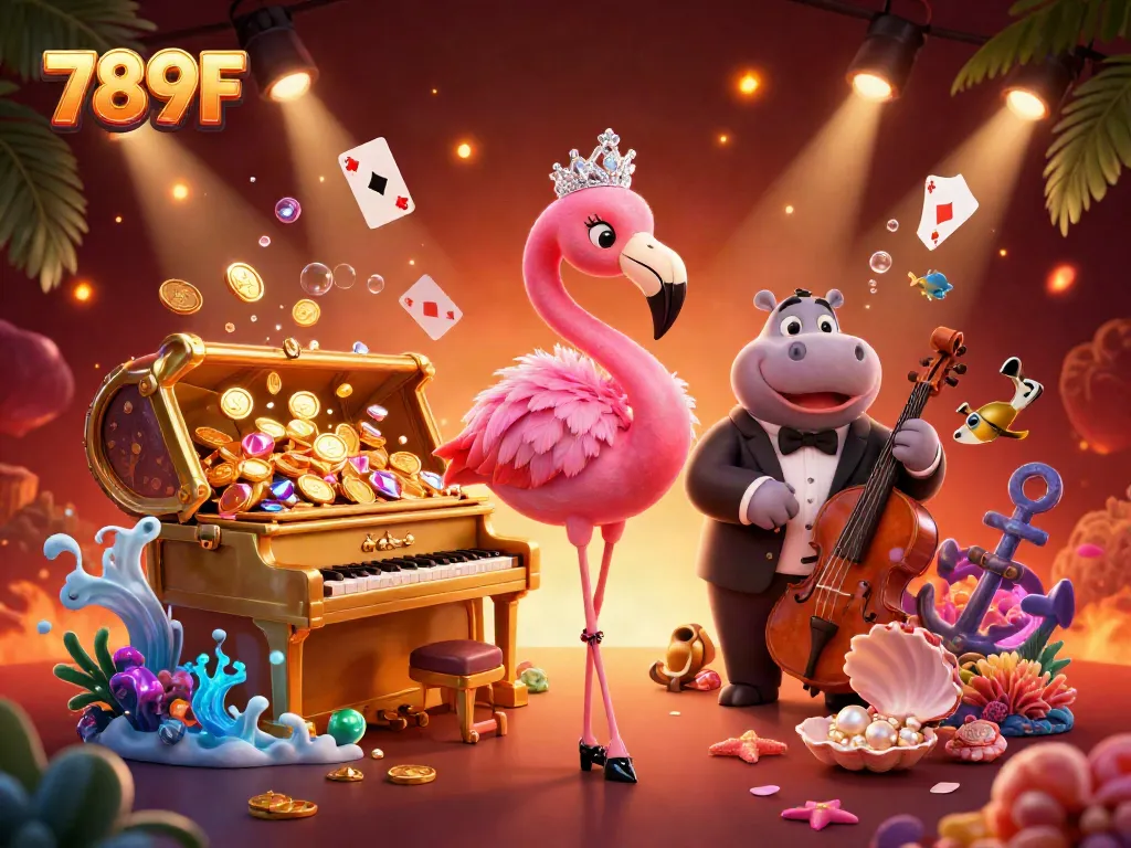 Engage in entertainment at 789F with a lively casino atmosphere featuring unique characters and game elements.