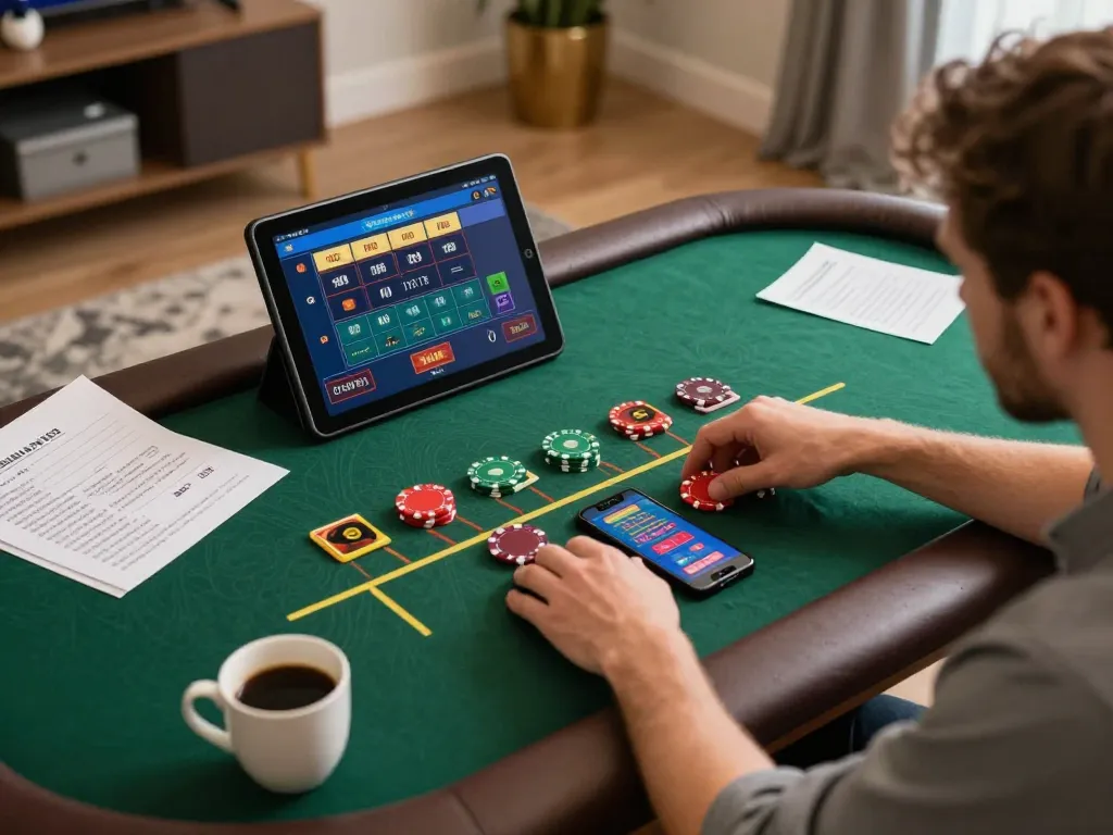 GEN88 player placing bets on live dealer poker game using tablet and smartphone in casual home setting