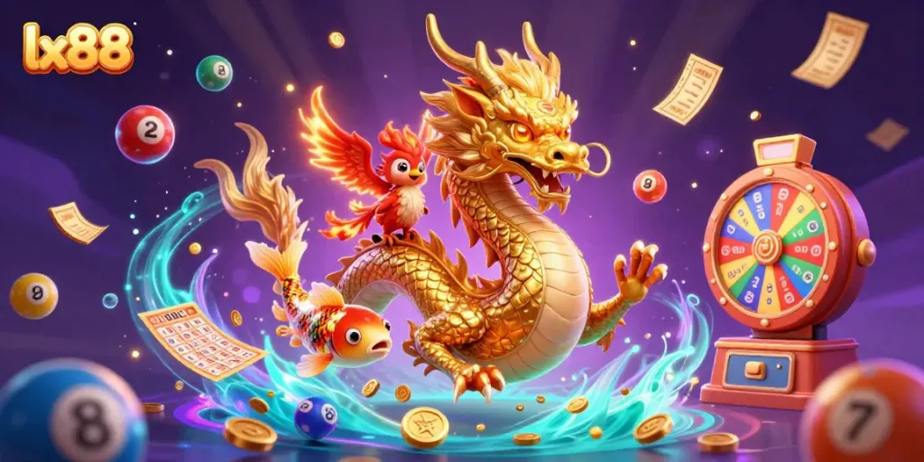 Experience the thrill of lx88 with a golden dragon, phoenix, and koi fish amid a dazzling casino scene.