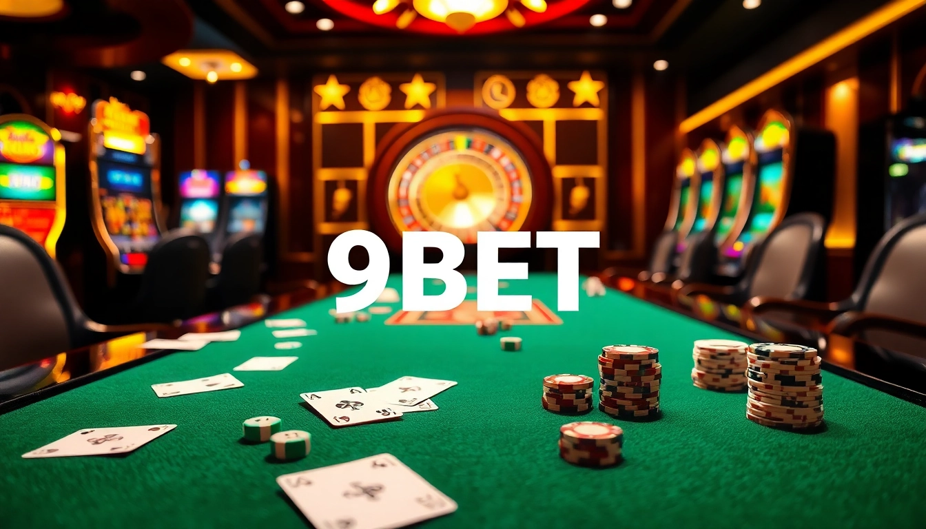 Experience the thrill of gambling with 9BET at an elegant casino table adorned with vibrant poker chips.