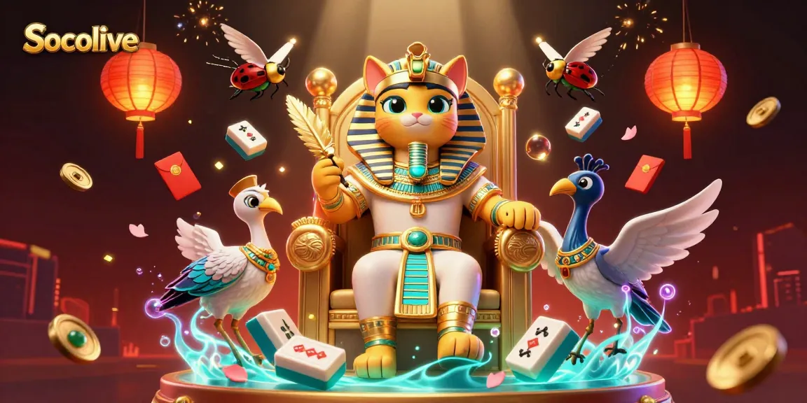 Socolive enhances gaming excitement with a vibrant scene of a pharaoh cat, ibis scribe, and dynamic casino elements.