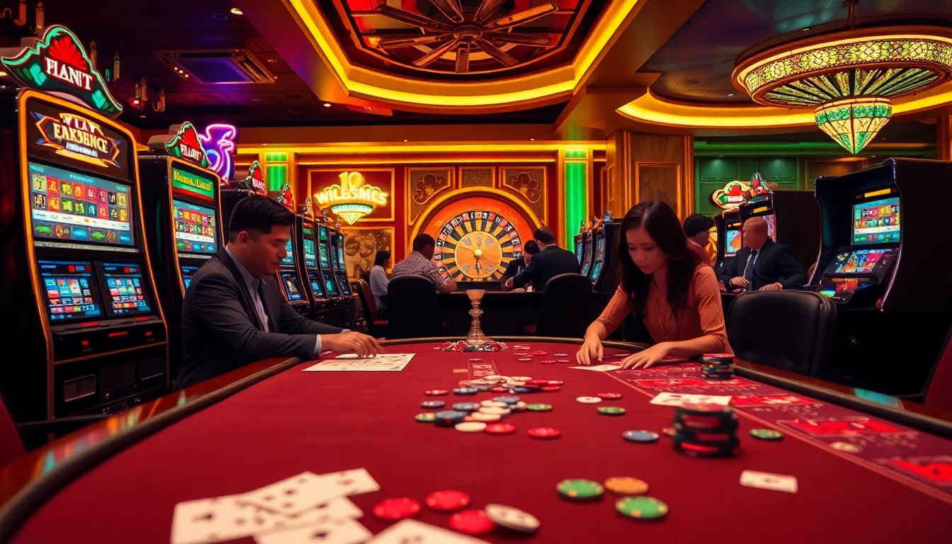 Nohu90 players are immersed in thrilling casino games with vibrant slot machines and poker tables.