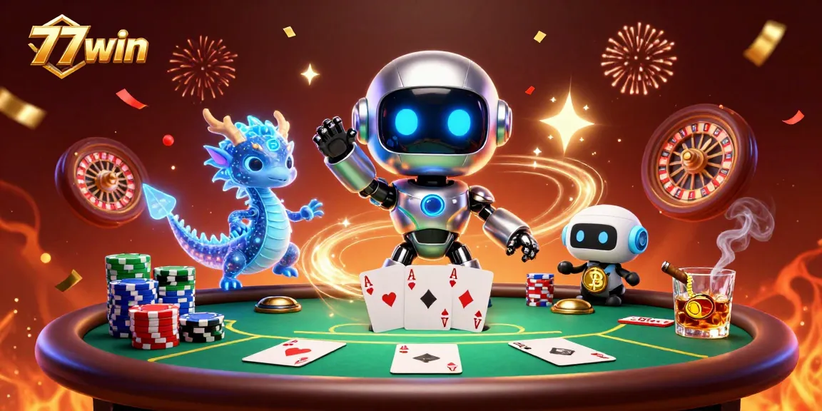 Experience thrilling gaming action at 77win with an energetic 3D casino illustration featuring poker tables and vibrant celebrations.