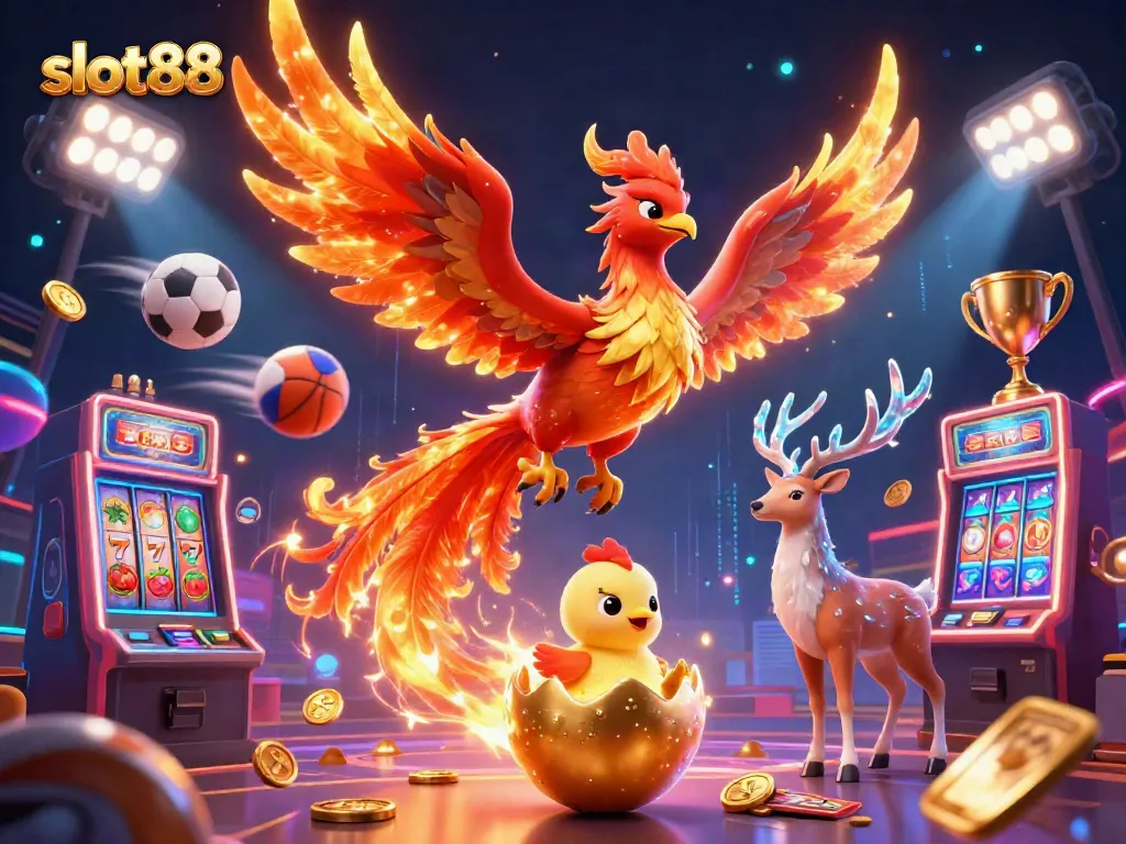 Experience the excitement of slot88 in a vibrant casino scene with dynamic characters and slot elements.