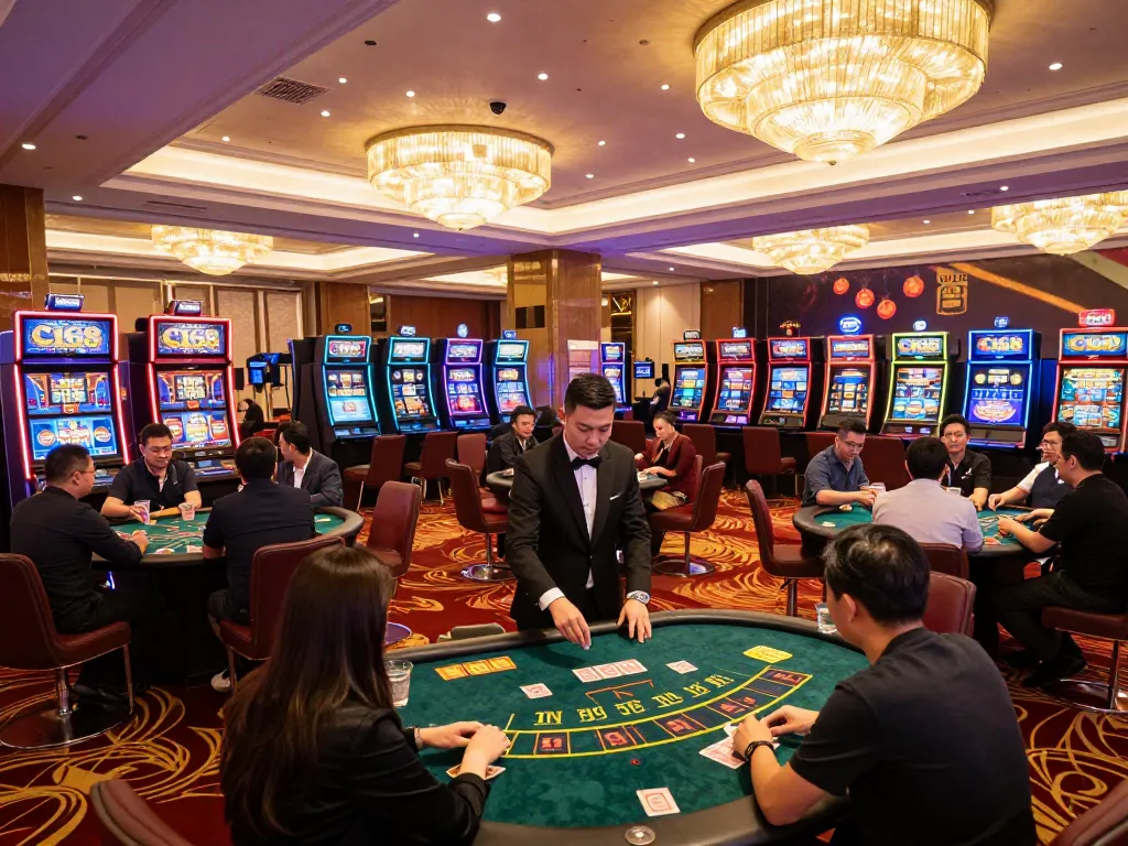 C168 players celebrating wins at vibrant casino tables, showcasing excitement and luxury in a premier gaming venue.