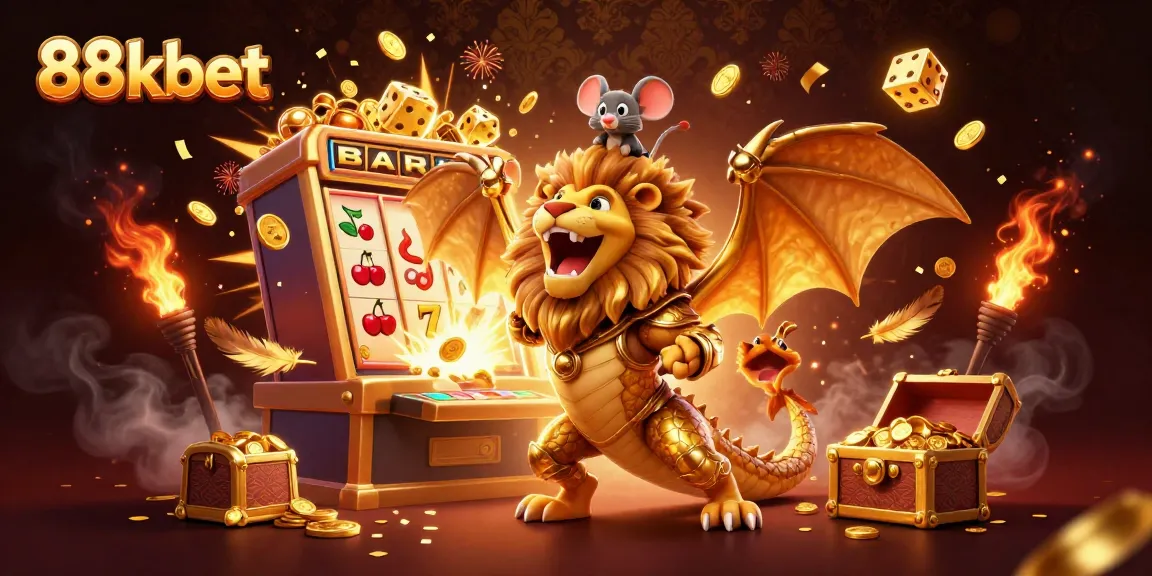 Experience vibrant gameplay at 88kbet with a dynamic casino scene showcasing a golden chimera and jackpots.