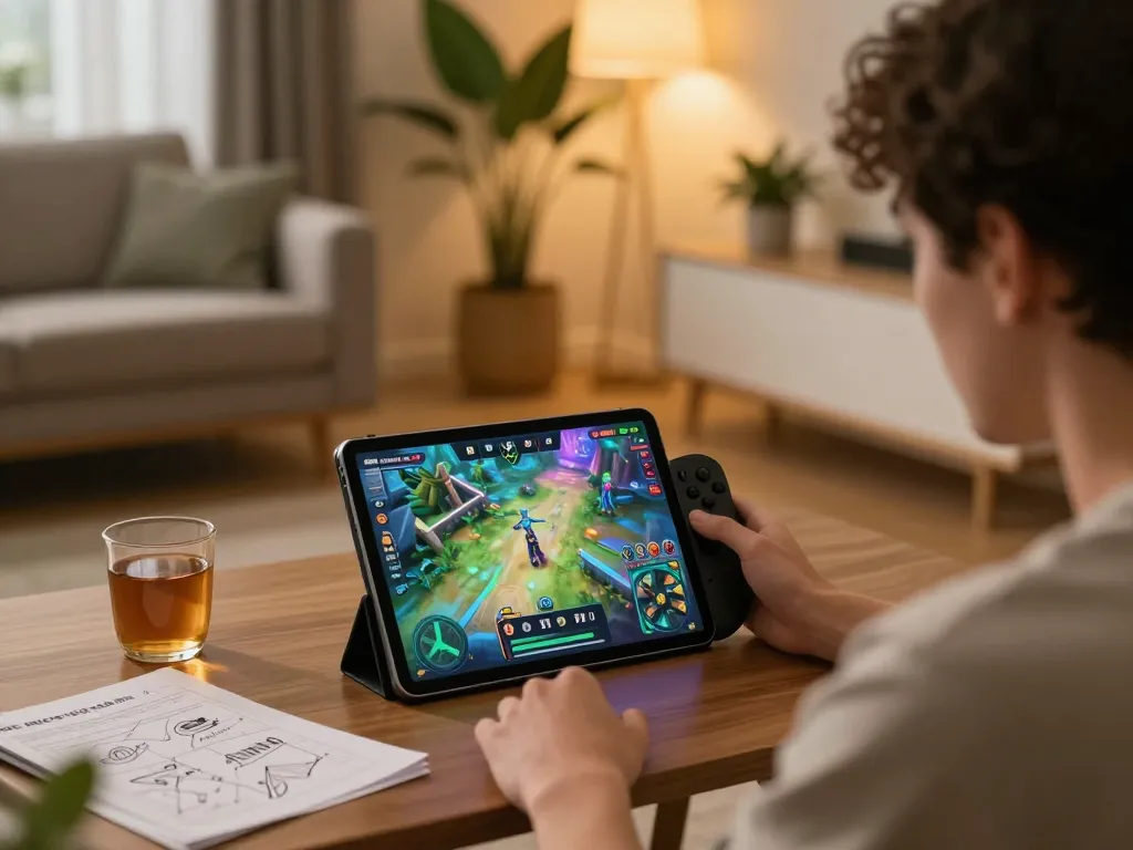 Player enjoying 78win gaming on a tablet in a cozy living room setting.