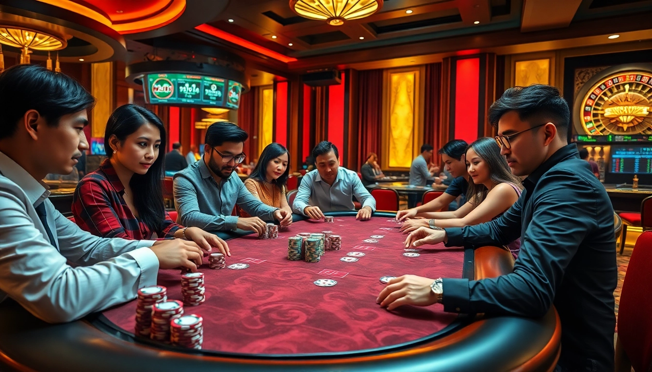 Cổng game hitclub showcasing an exciting poker game scene in a luxurious casino setting.