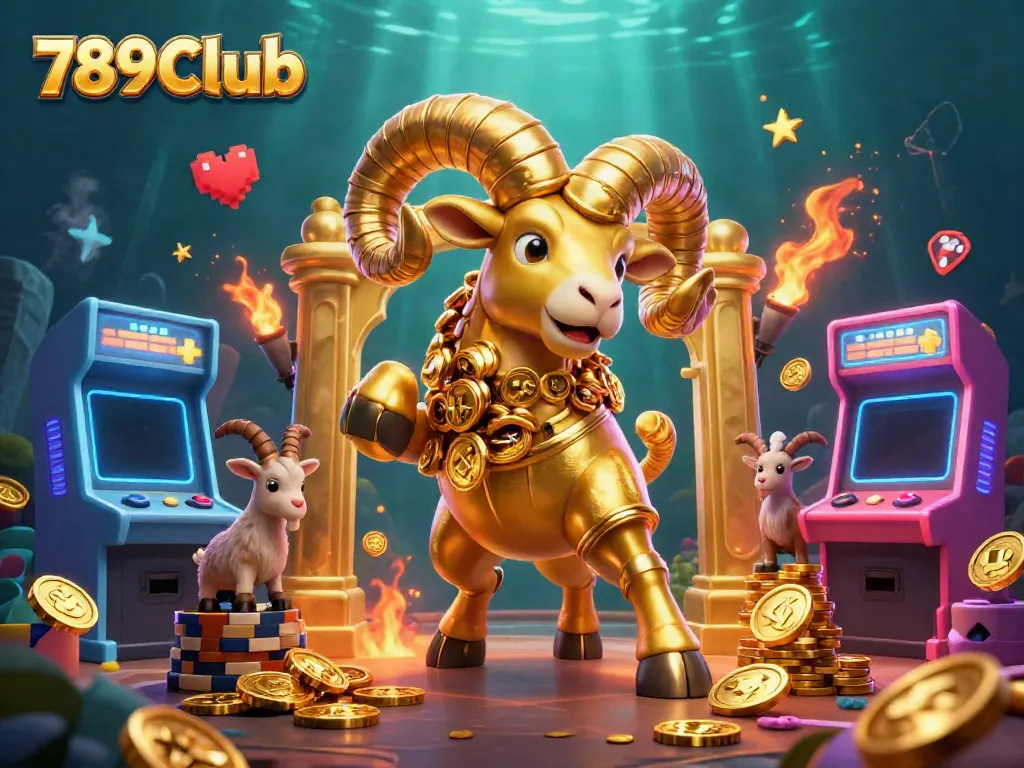 Engage with 789CLub’s thrilling gaming environment featuring golden ram and dynamic arcade elements.