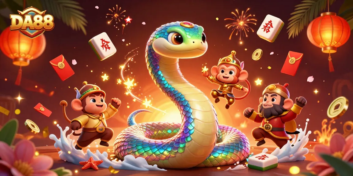 Experience the vibrant gameplay at DA88 with a rainbow serpent and monkey king in this lively casino scene.