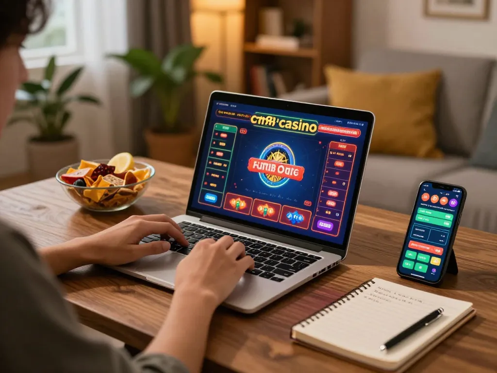 Engaged player uses laptop for online gaming at cm88casino, highlighting responsible gambling elements.