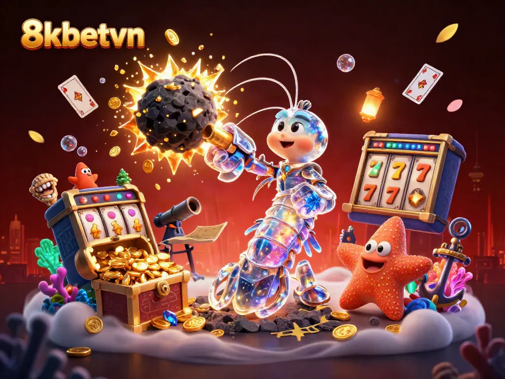 Experience the thrilling 8xbetvn gameplay with a dynamic 3D illustration of galactic creatures amidst vibrant casino elements.