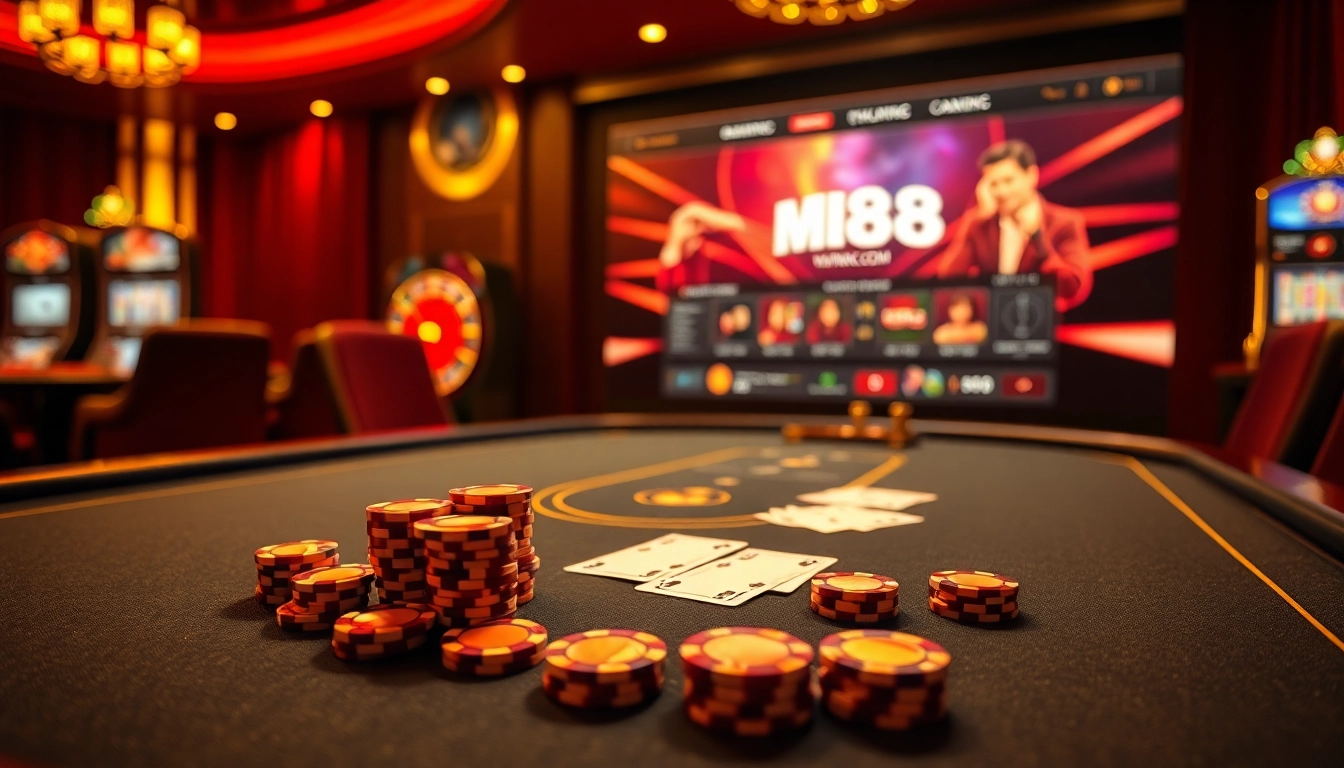 Poker players enjoying thrilling games at https://mi88.com.mx/ casino with elegant cards and chips.
