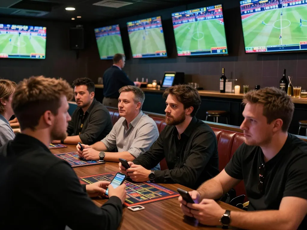 Sky88 sports bettors excitedly placing wagers while watching live events on multiple screens.