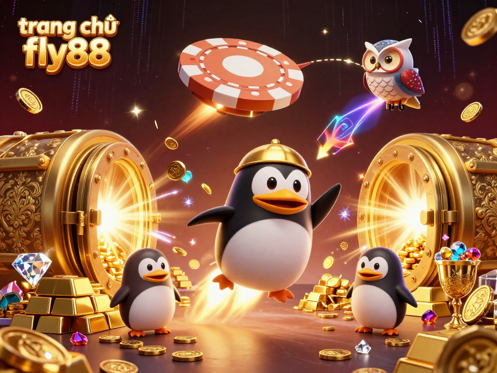 Experience the thrill of winning at trang chủ fly88 with a golden penguin blasting toward a poker chip casino.