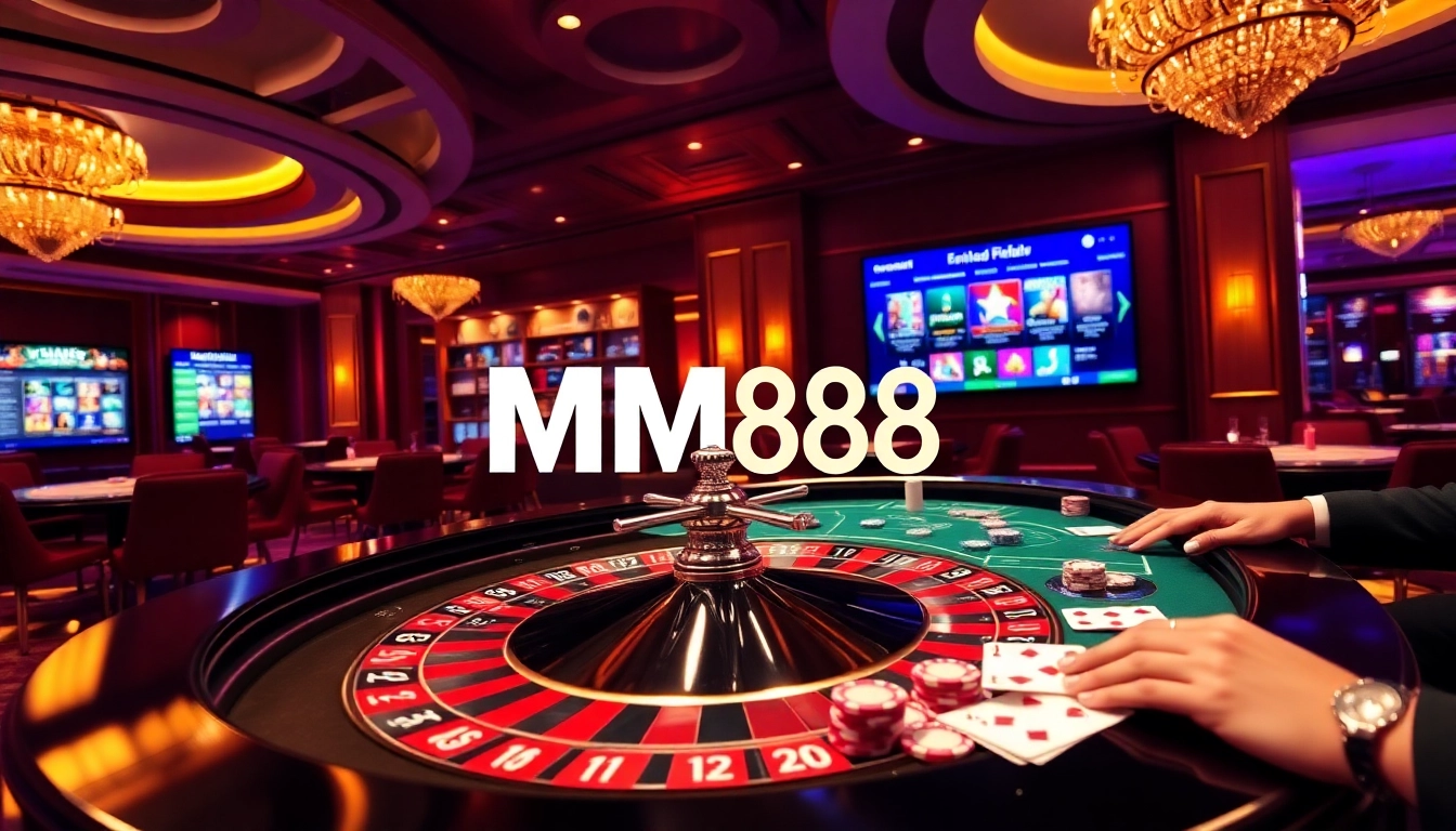 Experience thrilling gaming action with MM88 in a vibrant online casino environment featuring roulette and slot games.