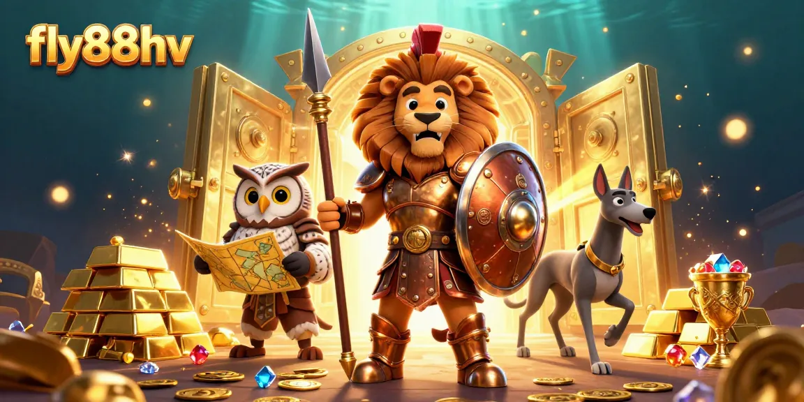 Experience the excitement of fly88hv with a 3D Spartan lion, owl strategist, and greyhound amidst gold treasures.