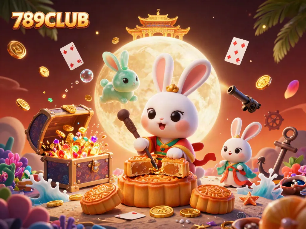Experience gaming excitement with 789CLUB's lunar-themed illustration featuring lucky symbols.