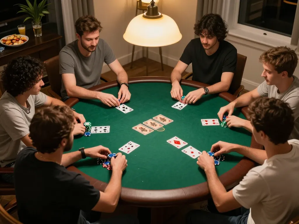 13win poker players engaged in strategy at home game night with chips and cards
