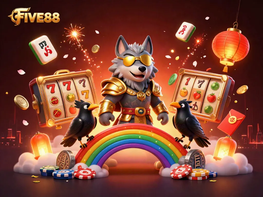 Experience the exciting world of FIVE88 with Odin the wolf and game elements illuminating the casino atmosphere.