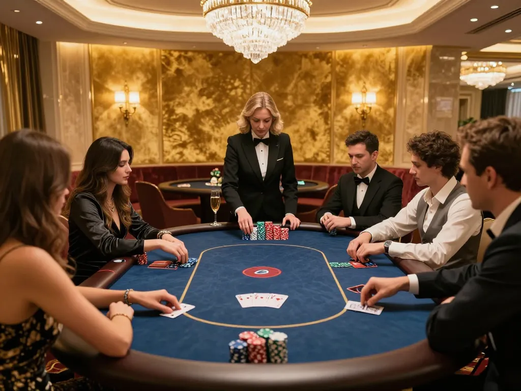 VT88 VIP gaming area featuring an elegant poker table with strategic gameplay in a luxurious environment.