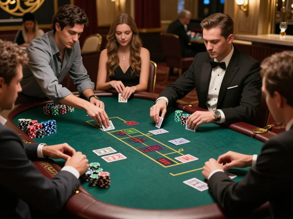 Players engaging in intense blackjack at a vb88 casino table with warm lighting and luxurious decor
