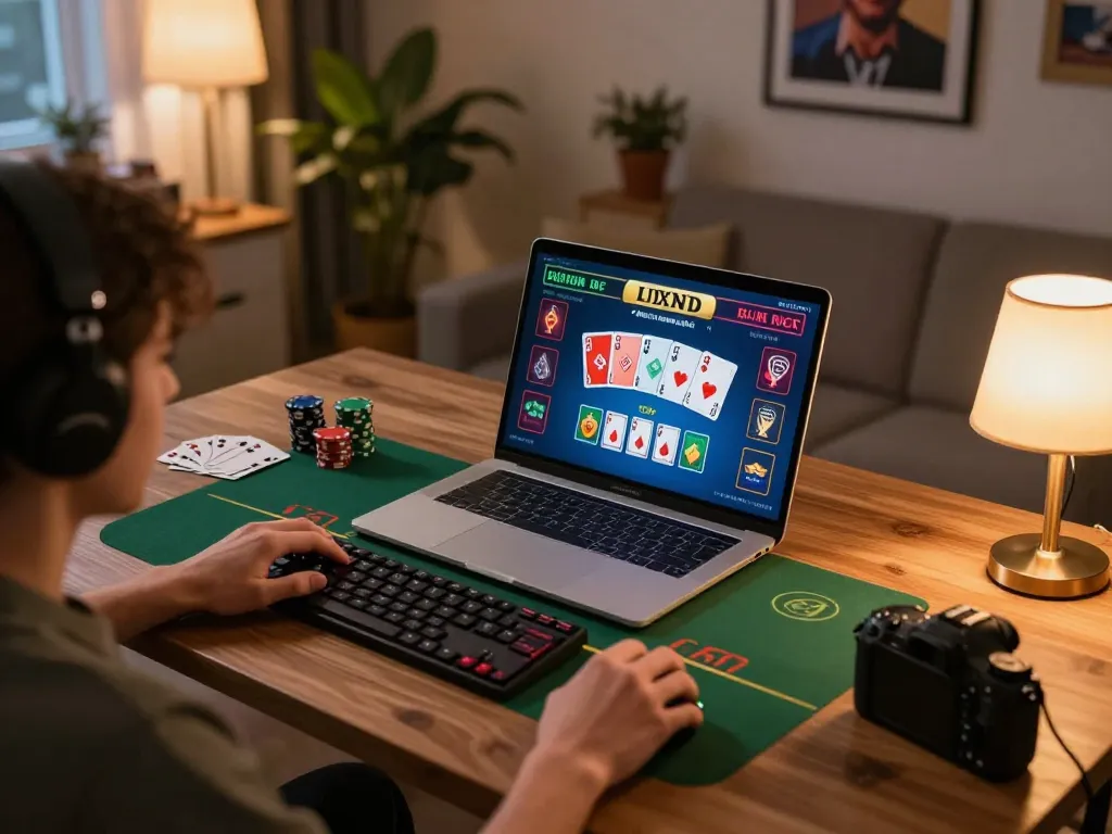 Player enjoying live blackjack on open88, showcasing cozy gaming setup with laptop and warm lighting.