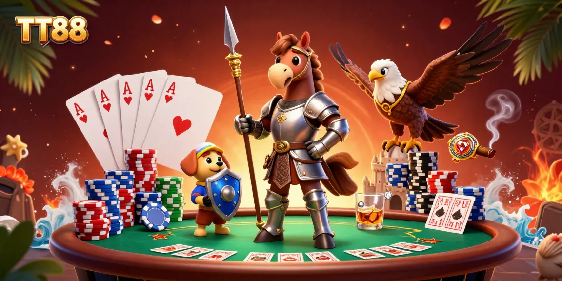 Experience thrilling gaming adventures with TT88, featuring a knight, puppy, and falcon at a poker table.