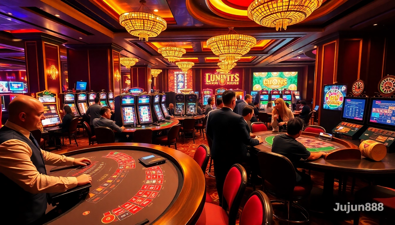 Players enjoying high-stakes games at Jun88 casino, featuring poker tables and slot machines.