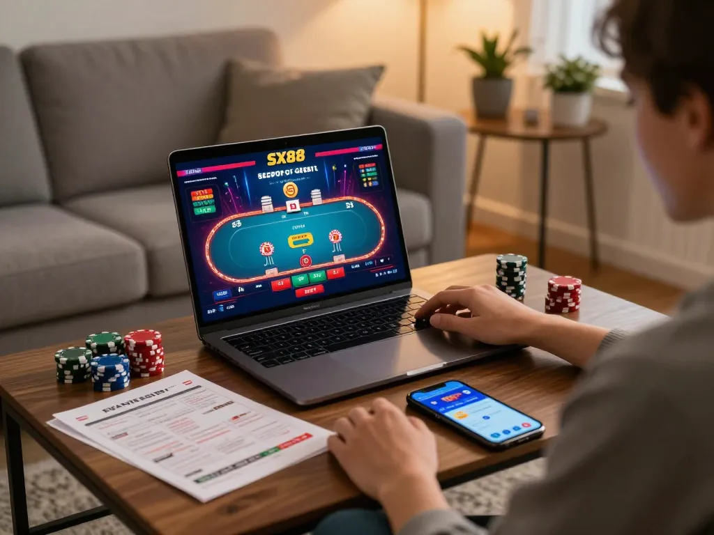 SX88 online gaming experience on a cozy home sofa, gaming strategies visible.