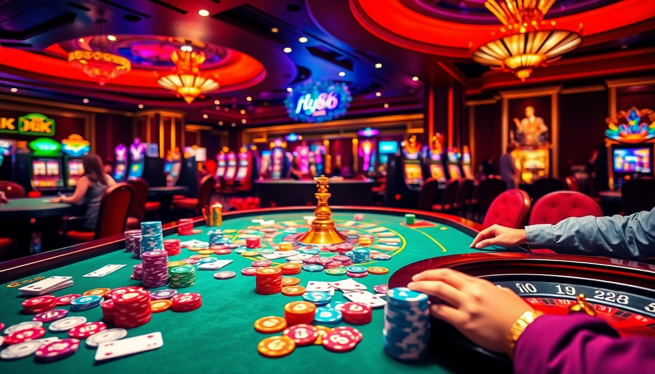 Experience thrilling gameplay at fly88 with vibrant tables, poker chips, and spinning roulette wheels.