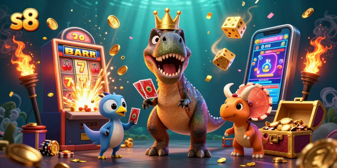 S8 players enjoy exciting jackpot wins with a friendly T-Rex and pterodactyl in a vibrant casino setting.