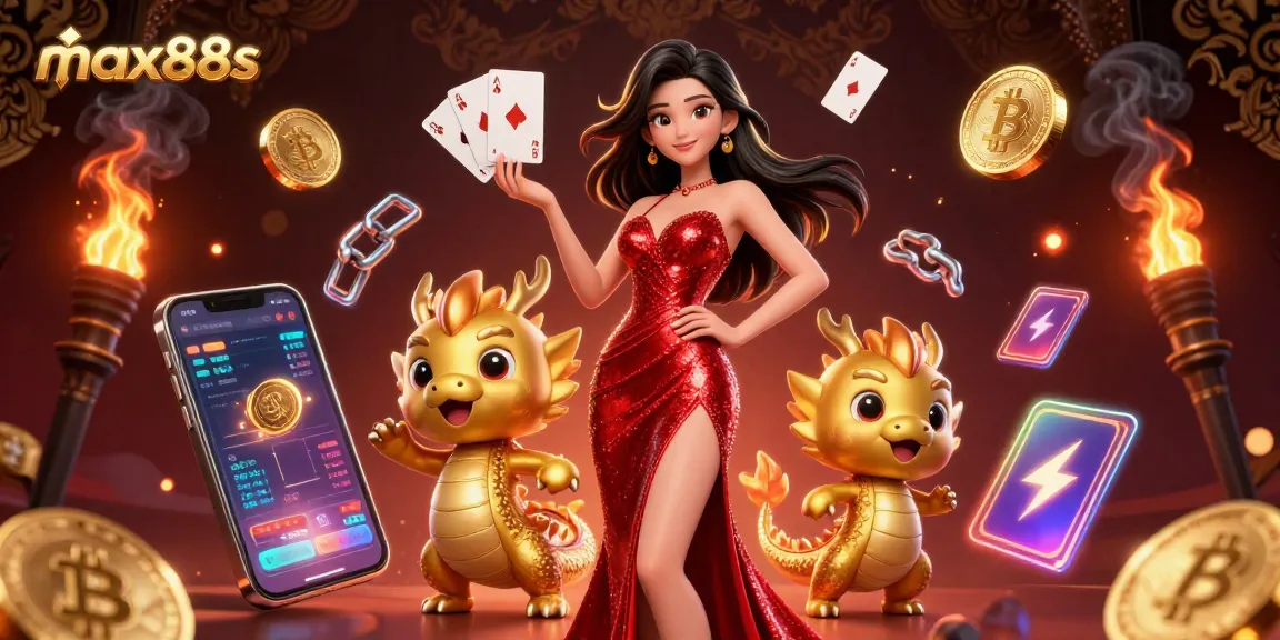 Experience thrilling gaming action at max88s with a captivating 3D illustration of a glamorous character and golden dragon.