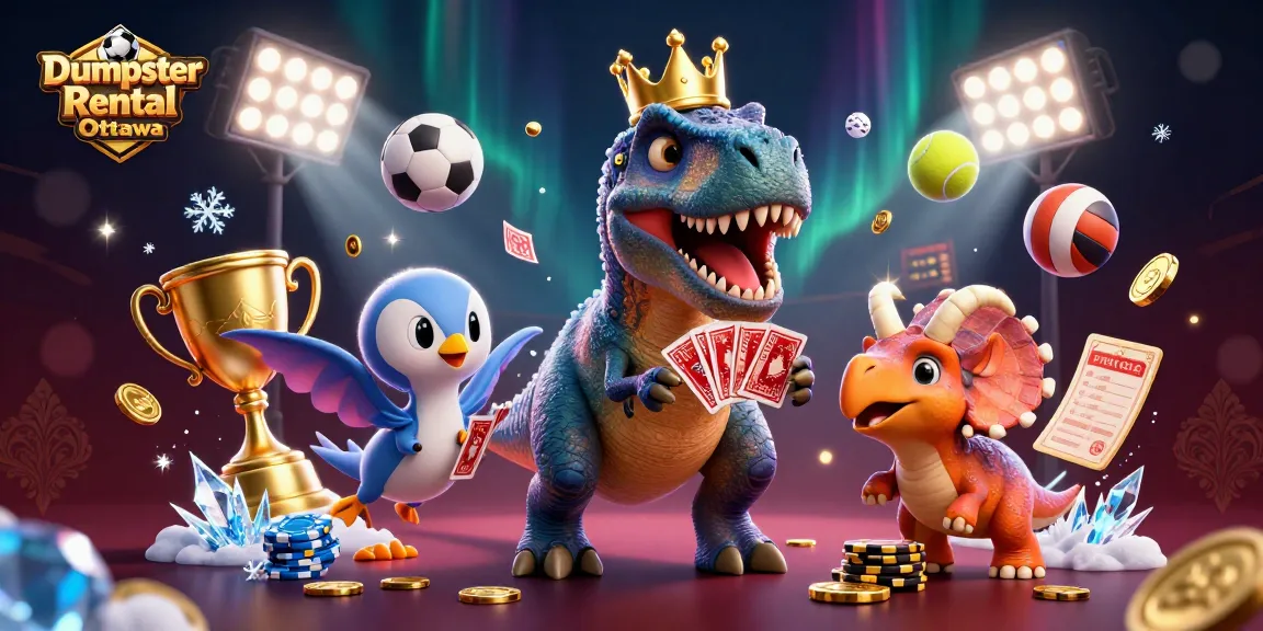 Engage in thrilling gameplay with the Dumpster Rental Ottawa character illustration showcasing a T-Rex shuffling cards.