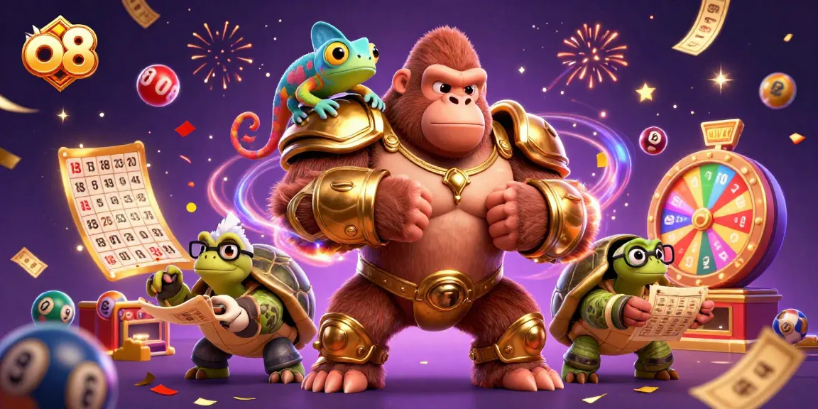 Experience dynamic games at o8 with a powerful gorilla king, chameleon companion, and tortoise elder in a vibrant gambling scene.