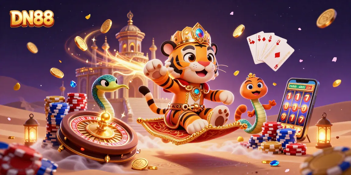 Experience thrilling gameplay at DN88 with a vibrant casino scene featuring a magical sultan and rich gambling elements.