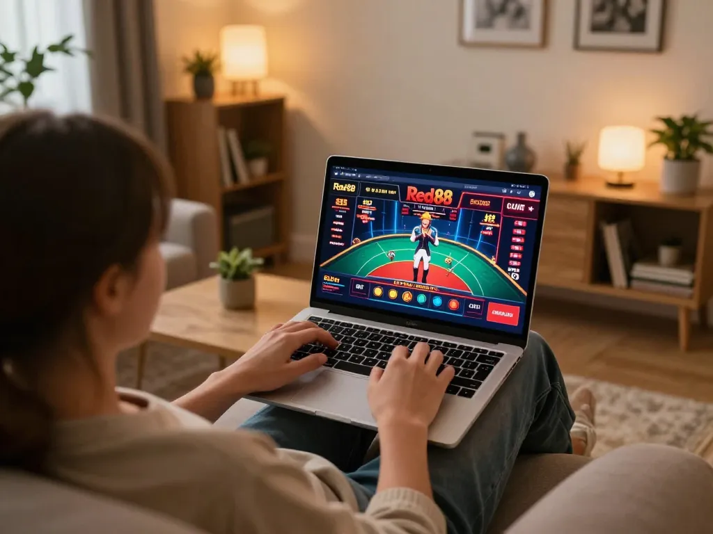Person playing at Red88 online casino on laptop, showcasing live dealer game interface and comfortable home setup.