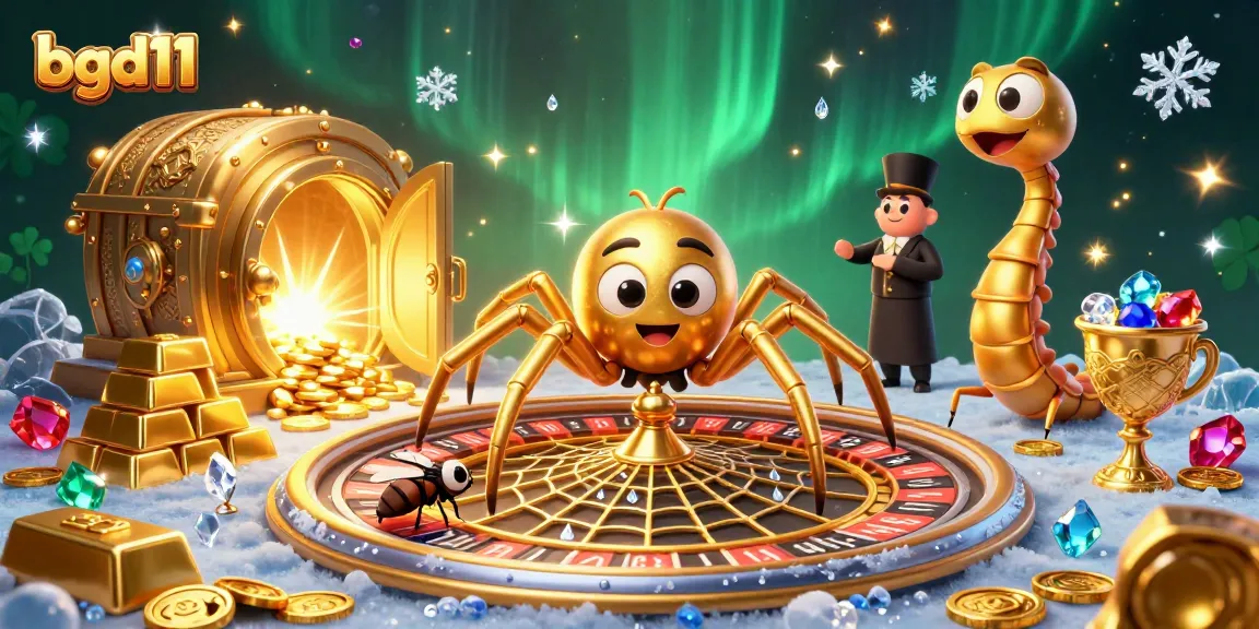 bgd11’s cartoon spider spins a roulette web as a fly bets nervously amidst treasures.