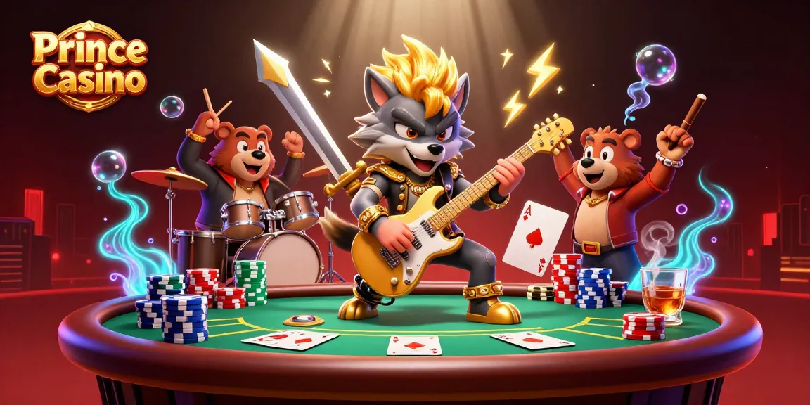 Experience the excitement of Prince Casino with a wolf rock star and a bear drummer on stage.