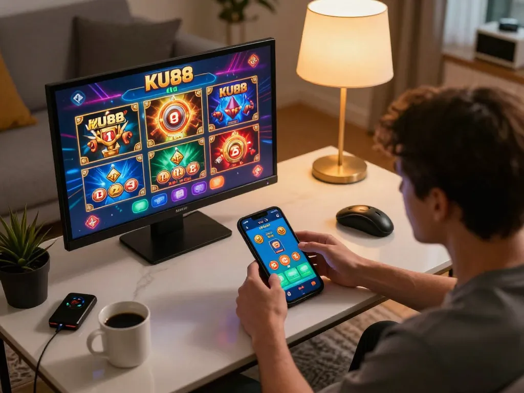 Engaged player bets strategically using TẢI KU88 app in a cozy home environment